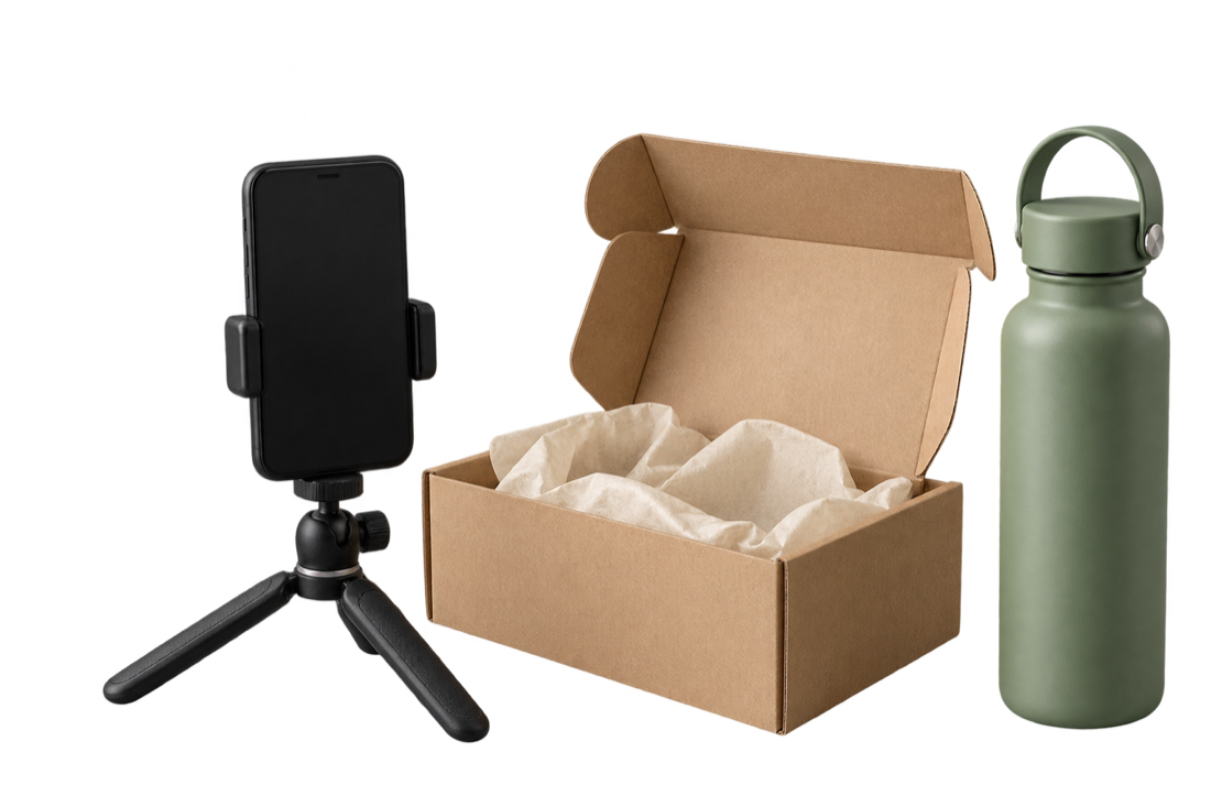 Illustrative filming setup with a phone, product and delivery box