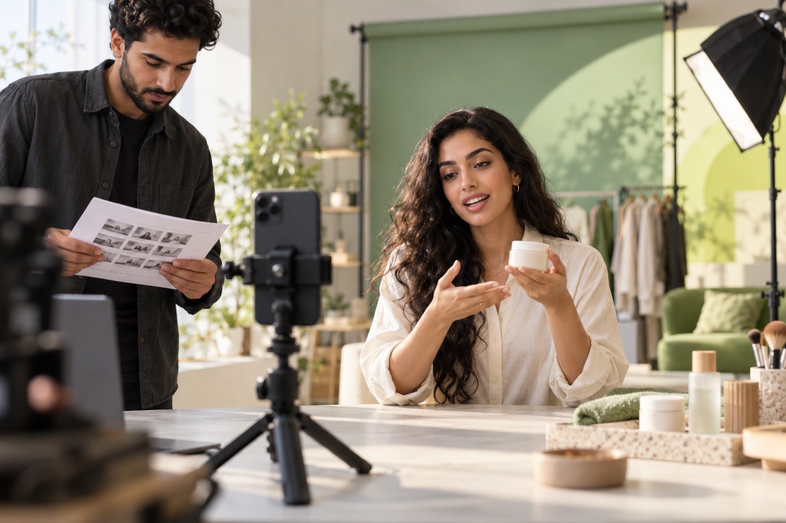صانعة محتوى تعرض عبوة بلا علامة أمام كاميرا هاتف، بينما يراجع منتج قائمة اللقطات.
