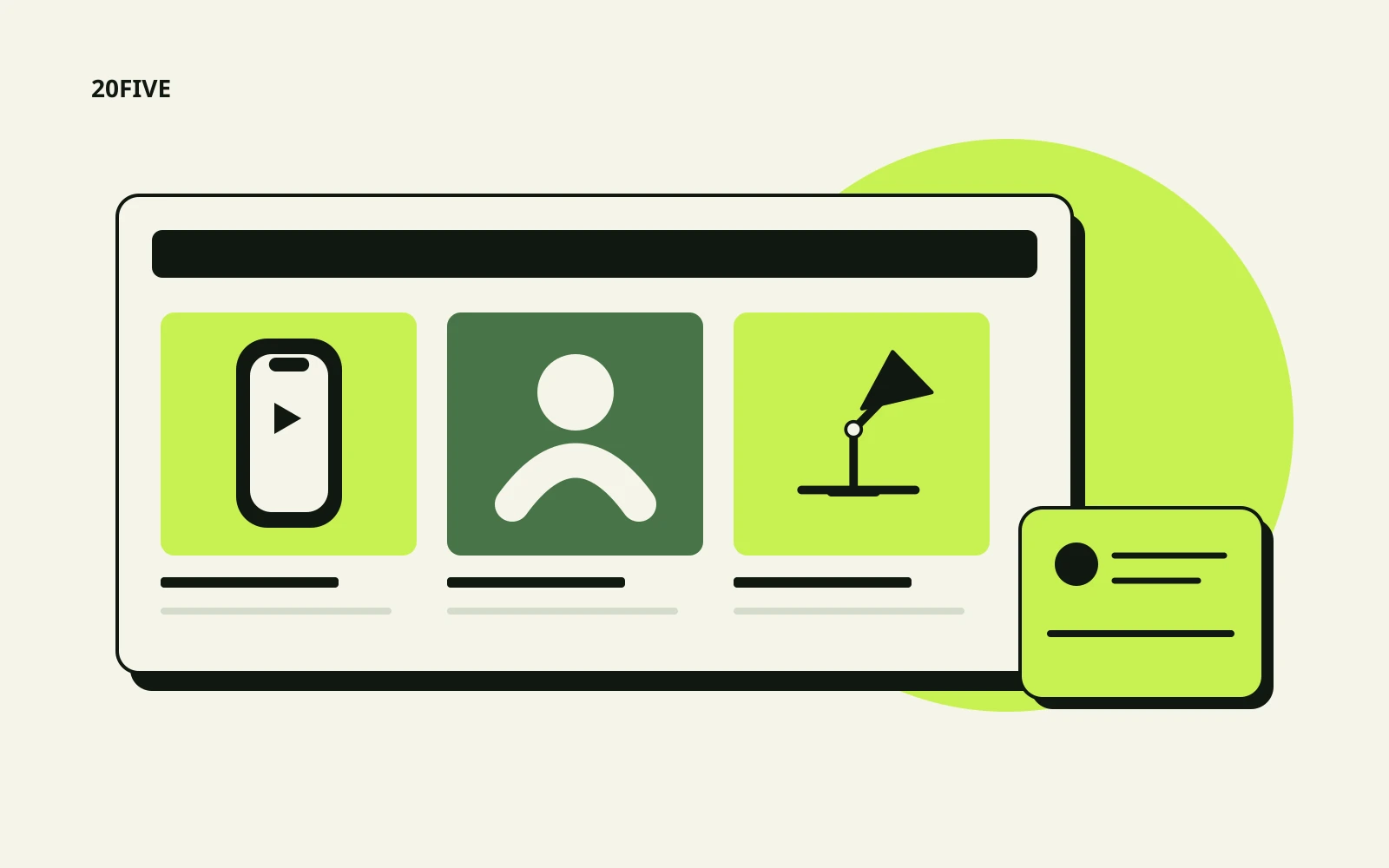 A portfolio window presents a phone video, a creator portrait symbol and a desk-lamp demonstration, with a separate contact card.