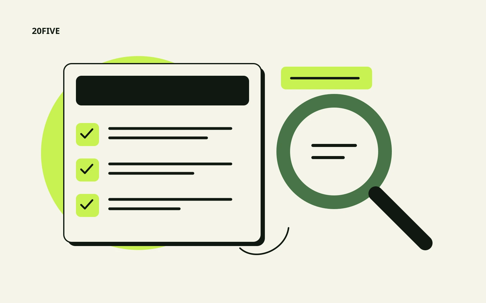 A checked reporting sheet sits beside a large magnifying glass, suggesting review of recorded evidence rather than a performance chart.
